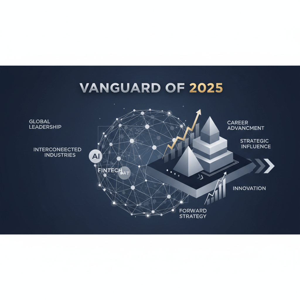 A clean, premium infographic-style header image for a business article. The image features an abstract network diagram with interconnected nodes symbolizing global leadership and industry influence. This network transitions into a series of progressive, layered geometric structures representing business scaling, career advancement, and strategic frameworks. Stylized growth charts, upward trend lines, and directional arrows convey forward-thinking strategy, innovation, and insights into future trends. The aesthetic is vector-based, minimalist, and modern, utilizing a sophisticated palette of deep navy, charcoal, and white, accented with metallic silver and gold. The overall composition is professional, authoritative, and inspiring, embodying the theme of 'The Vanguard of 2025: 10 Transformational Leadership Companies Redefining Industry Standards' without depicting any human figures.