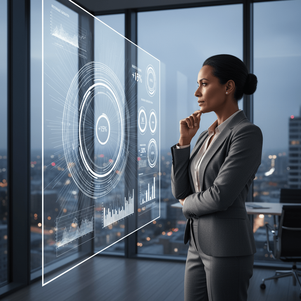 A female CEO thoughtfully analyzing AI-driven data visualizations on a large transparent screen in a modern office.