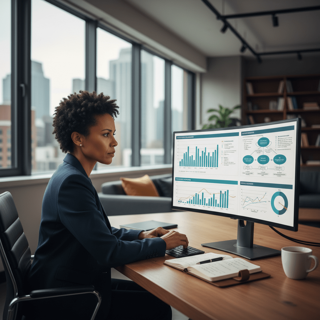 A focused business leader analyzing complex data on a large monitor in an executive office.