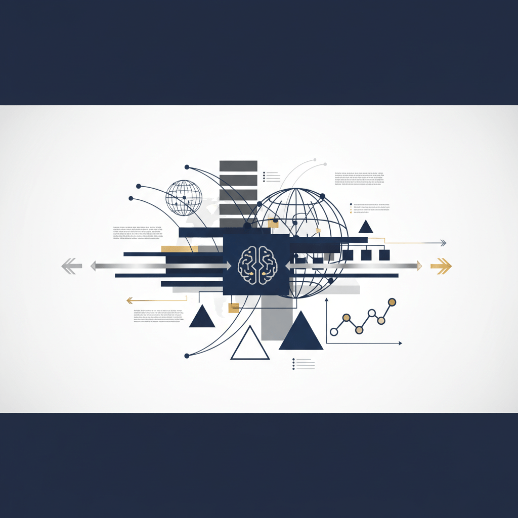 A premium, vector-based infographic header image. It visually represents artificial intelligence's impact on executive business decision-making. The image features interconnected abstract network diagrams with glowing nodes and data pathways, symbolizing global business connections and intelligent insights. A central, layered geometric framework implies strategic hierarchy and progressive decision-making. Minimalist charts with upward trend lines, accented in metallic silver and gold, are set against a sophisticated deep navy, charcoal, and white background. The overall design is clean, modern, and professional, conveying forward-thinking strategy and data-driven leadership without any human figures or photography.