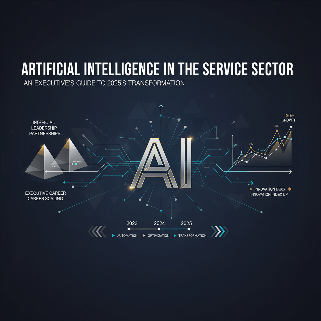 A professional, abstract infographic header image illustrating Artificial Intelligence's transformative impact on the service sector by 2025. It features minimalist data visualizations, global network connections through geometric shapes, and hierarchical growth indicators, all rendered in deep navy, charcoal, white, and metallic silver/gold, conveying a forward-thinking and authoritative business tone suitable for an executive guide.