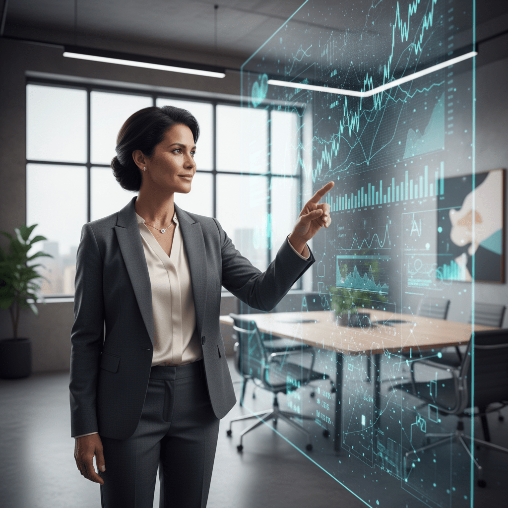 An executive in a modern office analyzing data on a transparent digital display with AI interface elements.