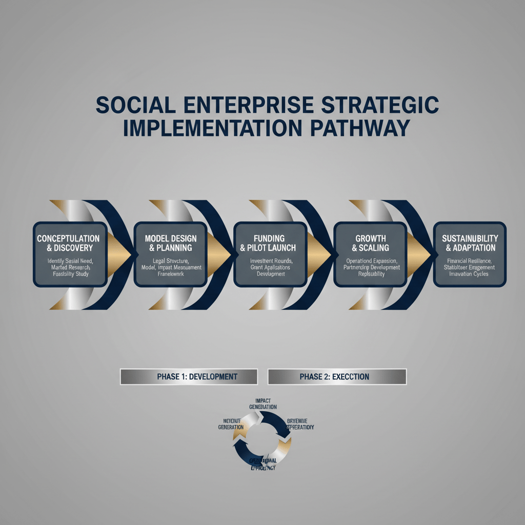 An infographic illustrating a multi-step progressive pathway with geometric shapes and directional arrows, outlining the strategic implementation process for social enterprise models.
