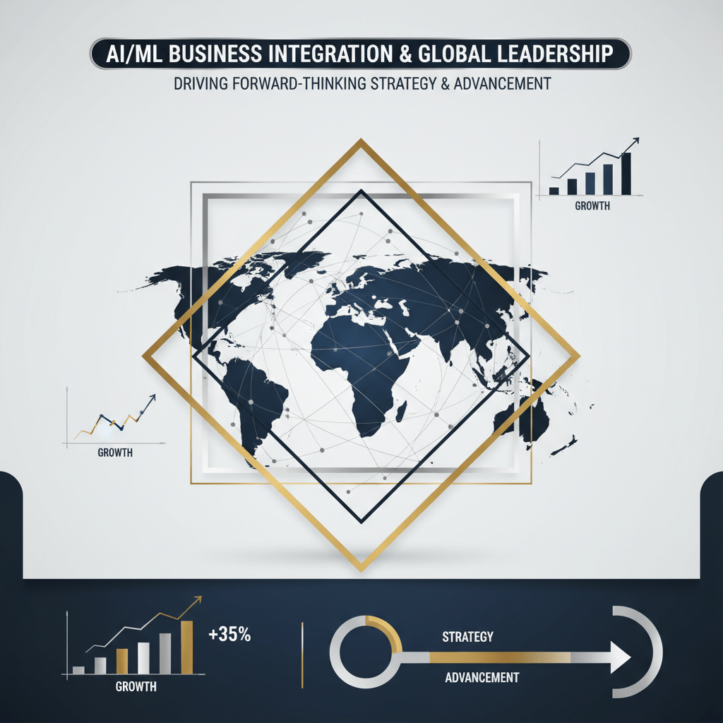 An infographic-style header image visually representing AI/ML business integration and global leadership. It depicts abstract network diagrams with interconnected nodes for global business connections, layered geometric frameworks for hierarchical influence, and data-driven visuals like charts, metrics, and progressive arrows indicating strategic growth and trends. The design is vector-based, minimalist, modern, and premium, using geometric shapes, subtle gradients, and metallic silver or gold accents against a deep navy, charcoal, and white color palette. The image is clean, professional, and devoid of human figures, conveying a forward-thinking and authoritative tone.