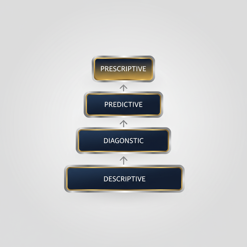An infographic using a layered, progressive diagram to illustrate the four types of analytics.