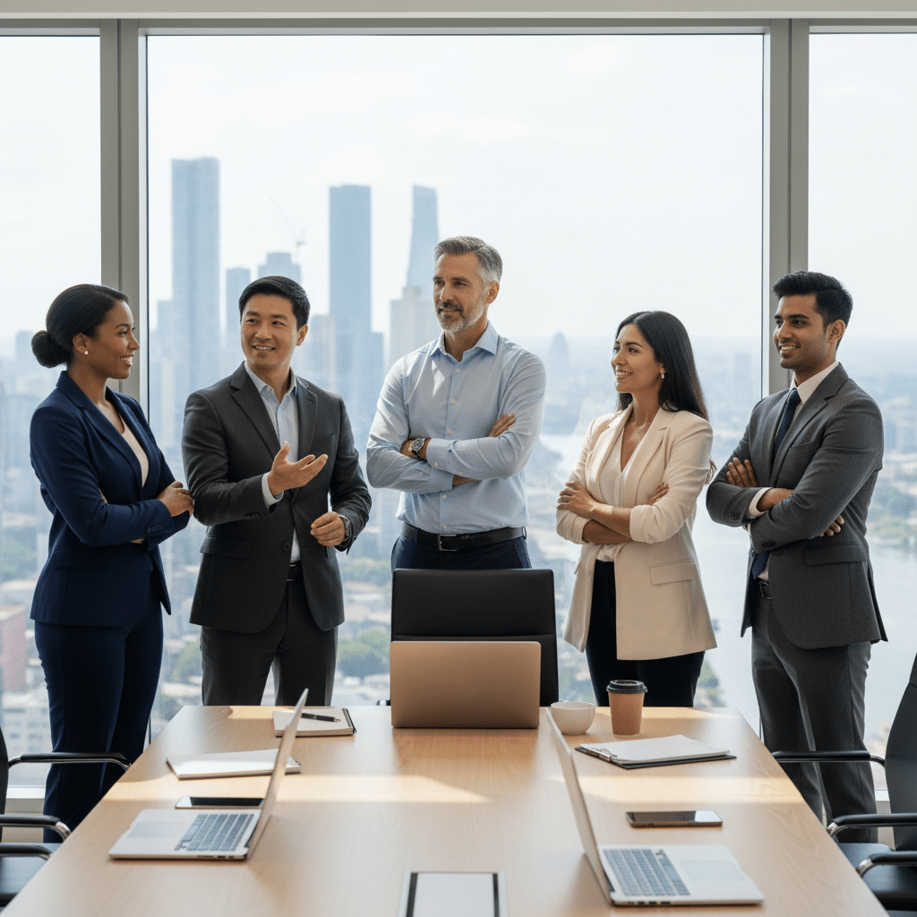 Diverse executive team looking out a panoramic window at a city, symbolizing strategic vision.