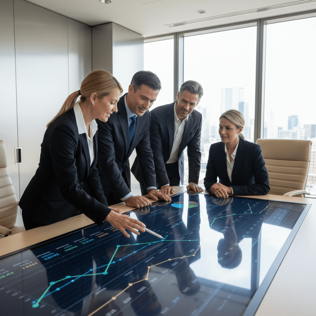 Diverse executives collaborating around a digital display showing positive business growth and metrics.