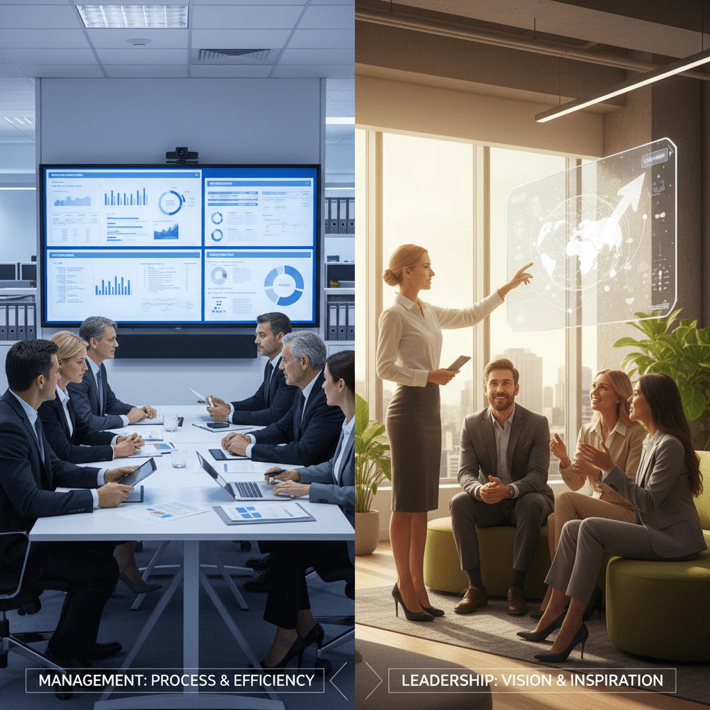 Split image contrasting management (executives focused on data and processes) with leadership (executives collaborating on a future vision).