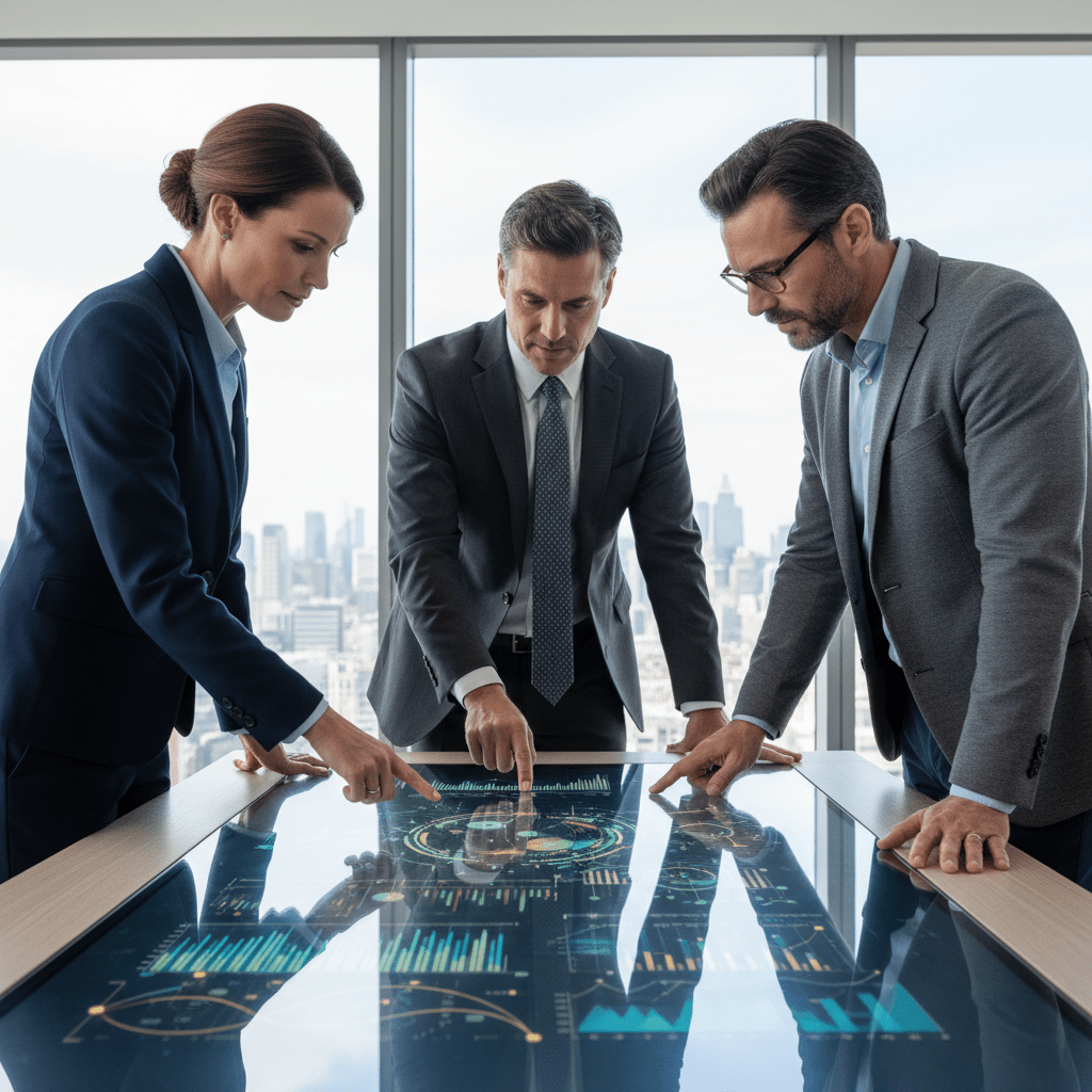 Three diverse business executives collaborating around an interactive table displaying future AI-driven business models in a modern office.