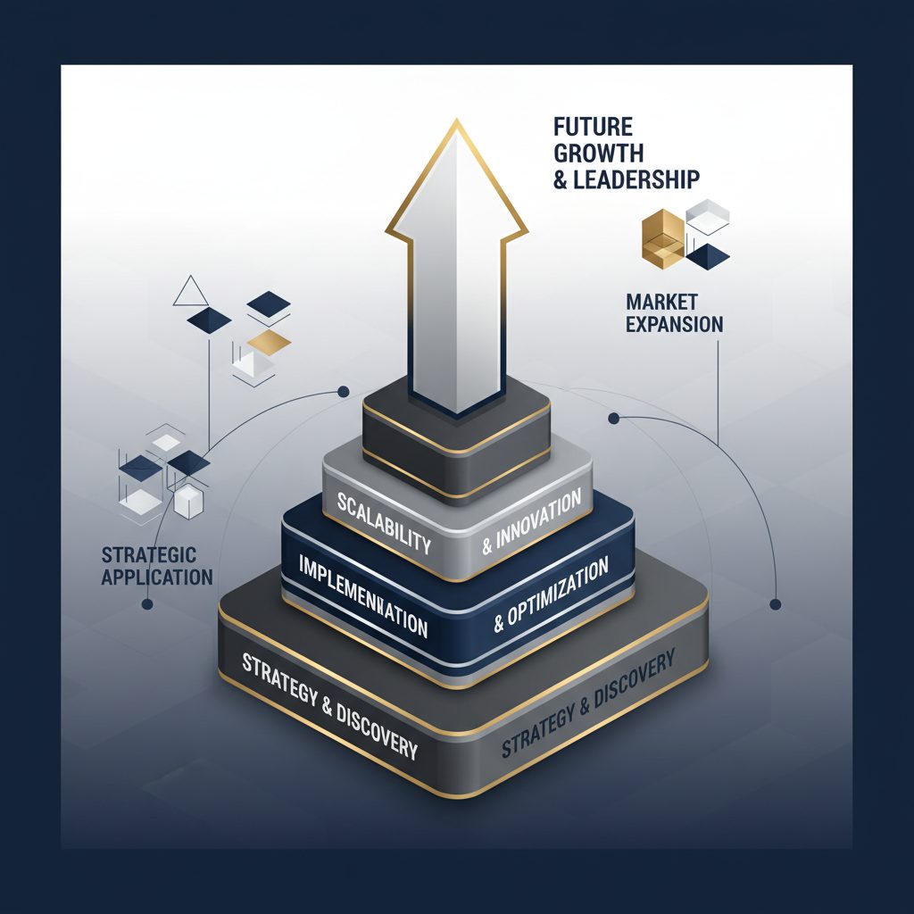 A clean, vector infographic showing a progressive, multi-step diagram or an upward-pointing funnel, symbolizing strategies for future growth and application by executives.