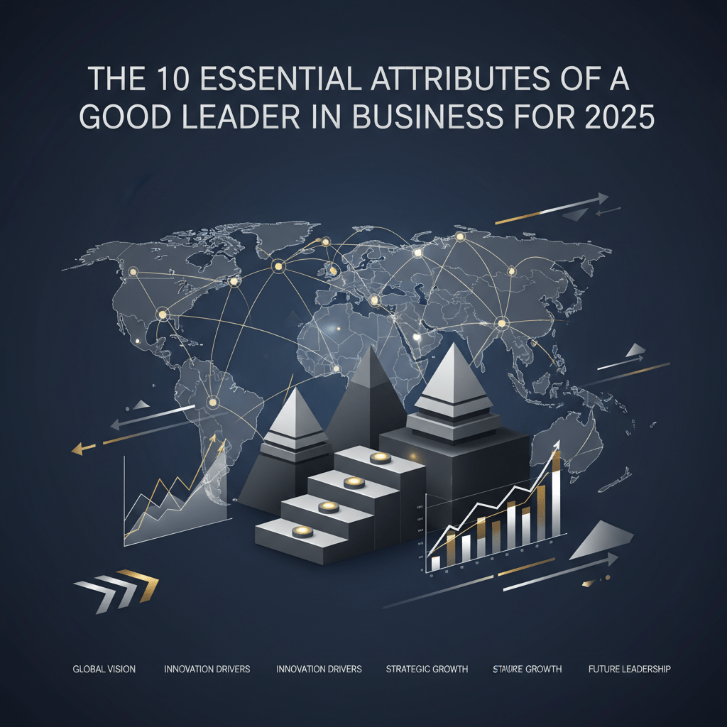 A minimalist, premium vector infographic header. Abstract network nodes connect globally, symbolizing leadership and business influence. Geometric shapes form a progressive, hierarchical framework with subtle data visualizations and directional arrows, conveying growth, trends, and forward-thinking strategy. The design uses deep navy, charcoal, white, and metallic silver/gold, with ample negative space. No people.