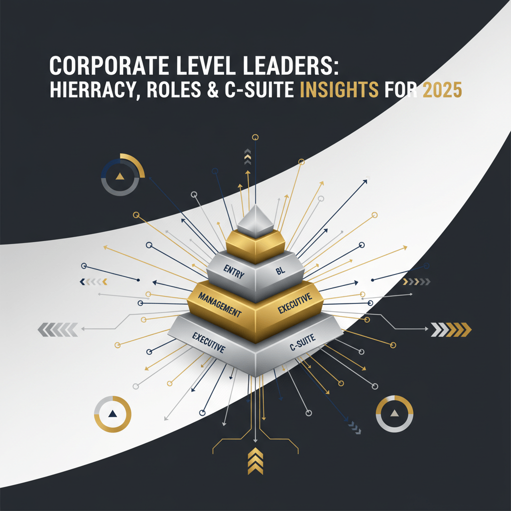 A premium, abstract infographic header image for an article on corporate leadership. It showcases a sophisticated visualization of a tiered hierarchy, global interconnectedness, and future strategic insights. The central design features geometric layers in deep navy and charcoal, highlighted with metallic silver and gold, representing corporate leadership and career progression. From this, a network of abstract nodes and glowing lines extends, symbolizing global connections and influence. Minimalist charts and directional arrows convey growth trends and forward-thinking strategy for C-suite leaders in 2025. The style is modern, vector-based, and professional, with ample negative space. No human figures are present.