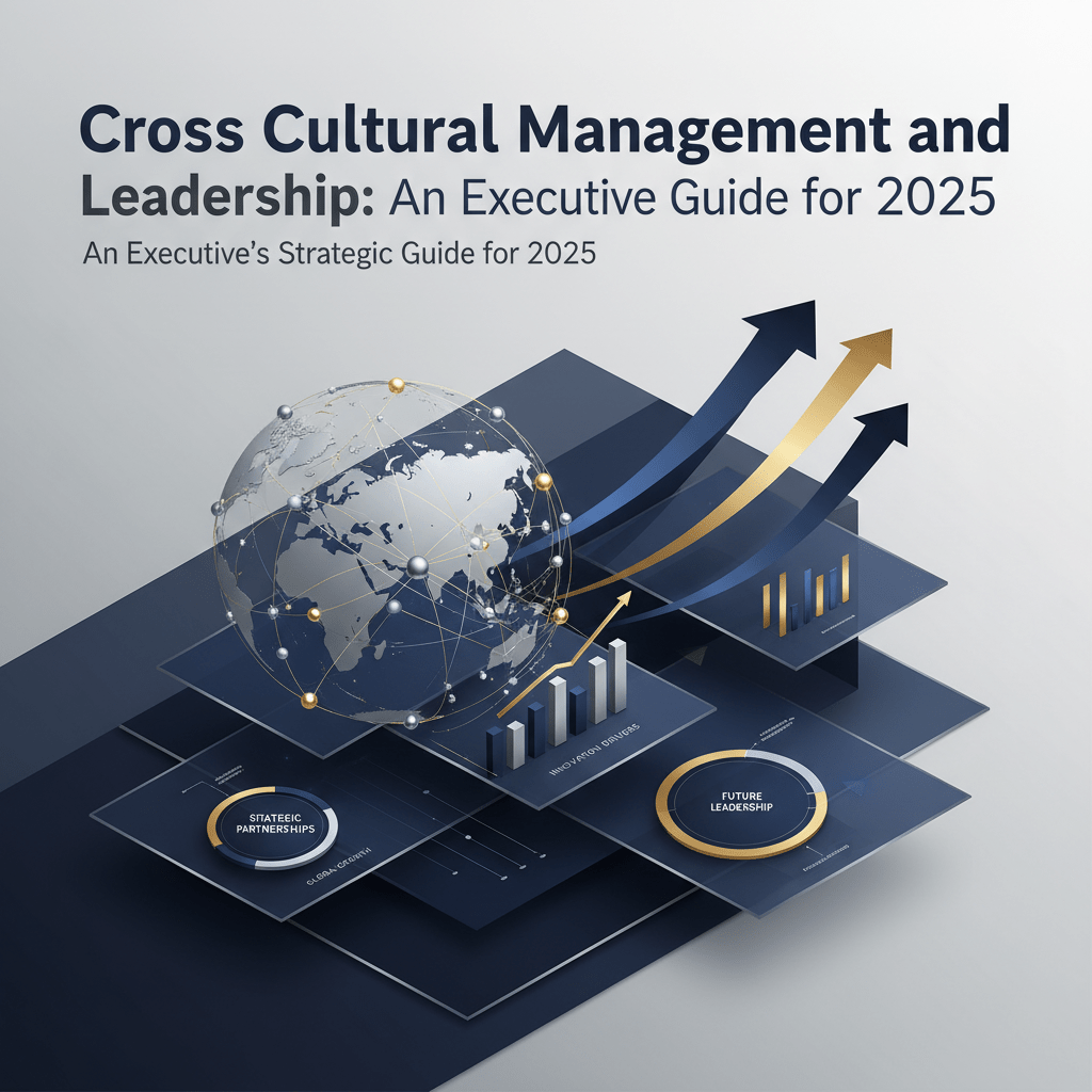 A premium, vector-based infographic header image for an article on cross-cultural management and leadership. It features abstract global network diagrams with interconnected nodes, overlaid with modern charts, data visualizations, and hierarchical frameworks indicating strategic growth and career advancement. The style is minimalist and sophisticated, using deep navy, charcoal, white, and metallic silver and gold accents. No human figures are present.