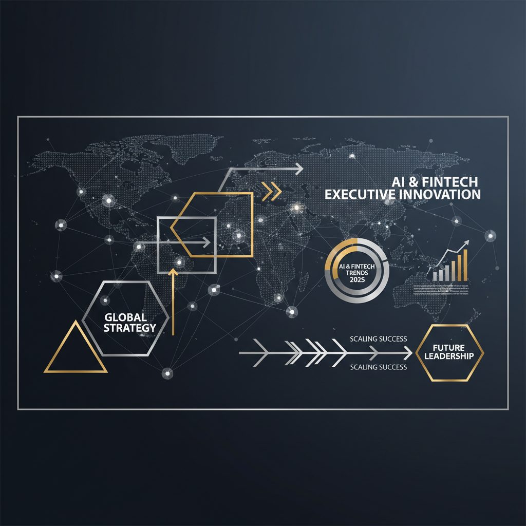 A premium, vector-based infographic header image in deep navy, charcoal, white, with metallic silver and gold accents. It depicts an abstract network of interconnected nodes and lines symbolizing global leadership and strategic business connections. Geometric shapes form layered hierarchies and progressive structures with directional arrows, representing career advancement, growth trends in AI and fintech, and forward-thinking strategy. The design is minimalist, modern, and professional, with clear visual hierarchy and no human figures.
