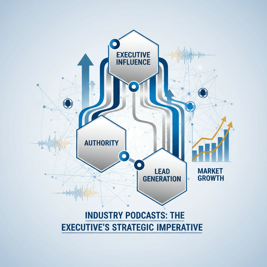 Abstract infographic showing interconnected nodes and upward growth curves, symbolizing strategic influence and lead generation from podcasts in a corporate digital network.