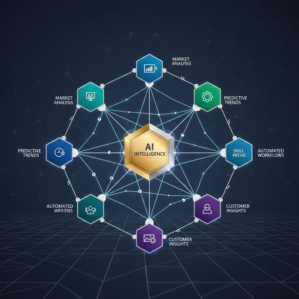 Abstract infographic visualizing AI as a central, metallic geometric core connected by glowing lines to a network of nodes representing various AI tools for career intelligence.