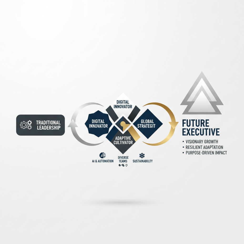 An abstract, directional infographic visualizing the evolution of executive roles for 2026 and beyond, featuring geometric shapes, metallic accents, and an upward-moving flow indicating future trends.