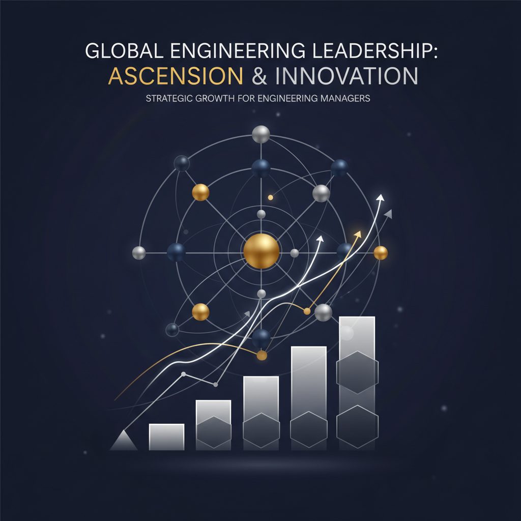An abstract infographic header featuring a network of interconnected nodes and progressive geometric shapes, symbolizing global leadership and career scaling. The design incorporates subtle data trends and upward arrows, rendered in deep navy, charcoal, white, and metallic silver and gold. It conveys professional growth and a forward-thinking framework for engineering managers.