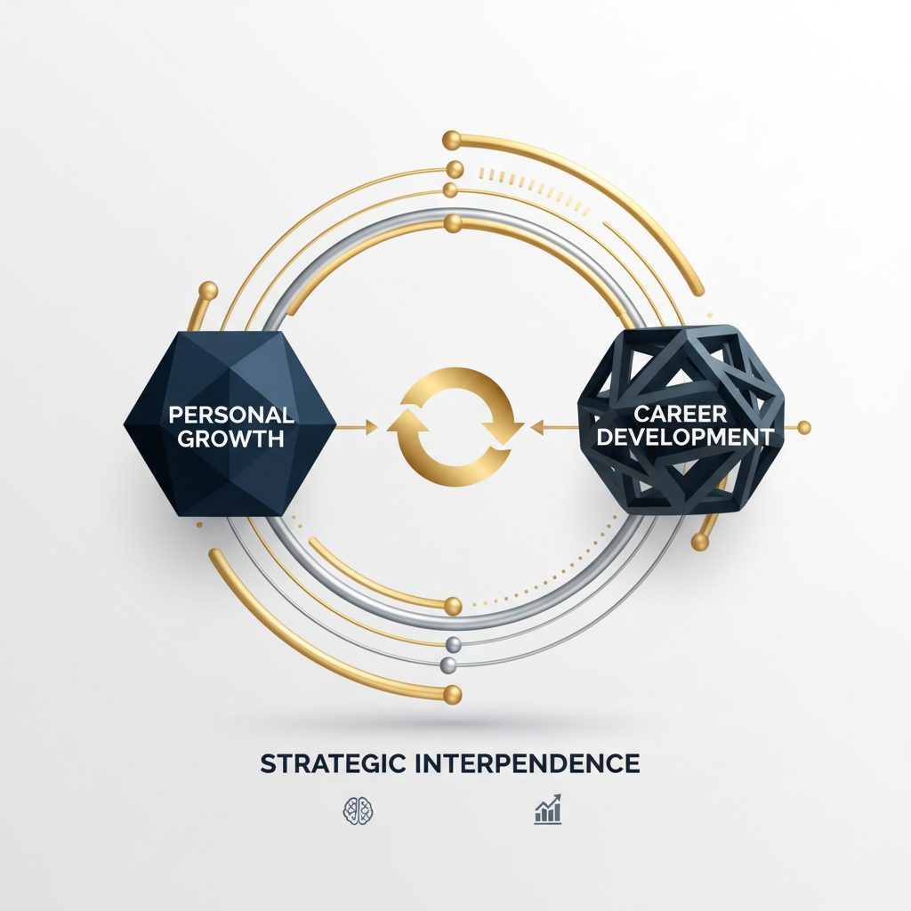 An abstract infographic showing two interconnected geometric nodes labeled 'Personal Growth' and 'Career Development', emphasizing their critical synergy for leaders.