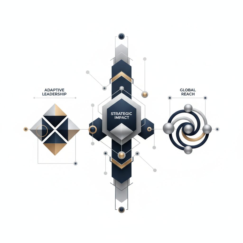 An abstract infographic using interconnected nodes and layered geometric shapes to represent multifaceted career growth in the modern executive landscape, with metallic accents.