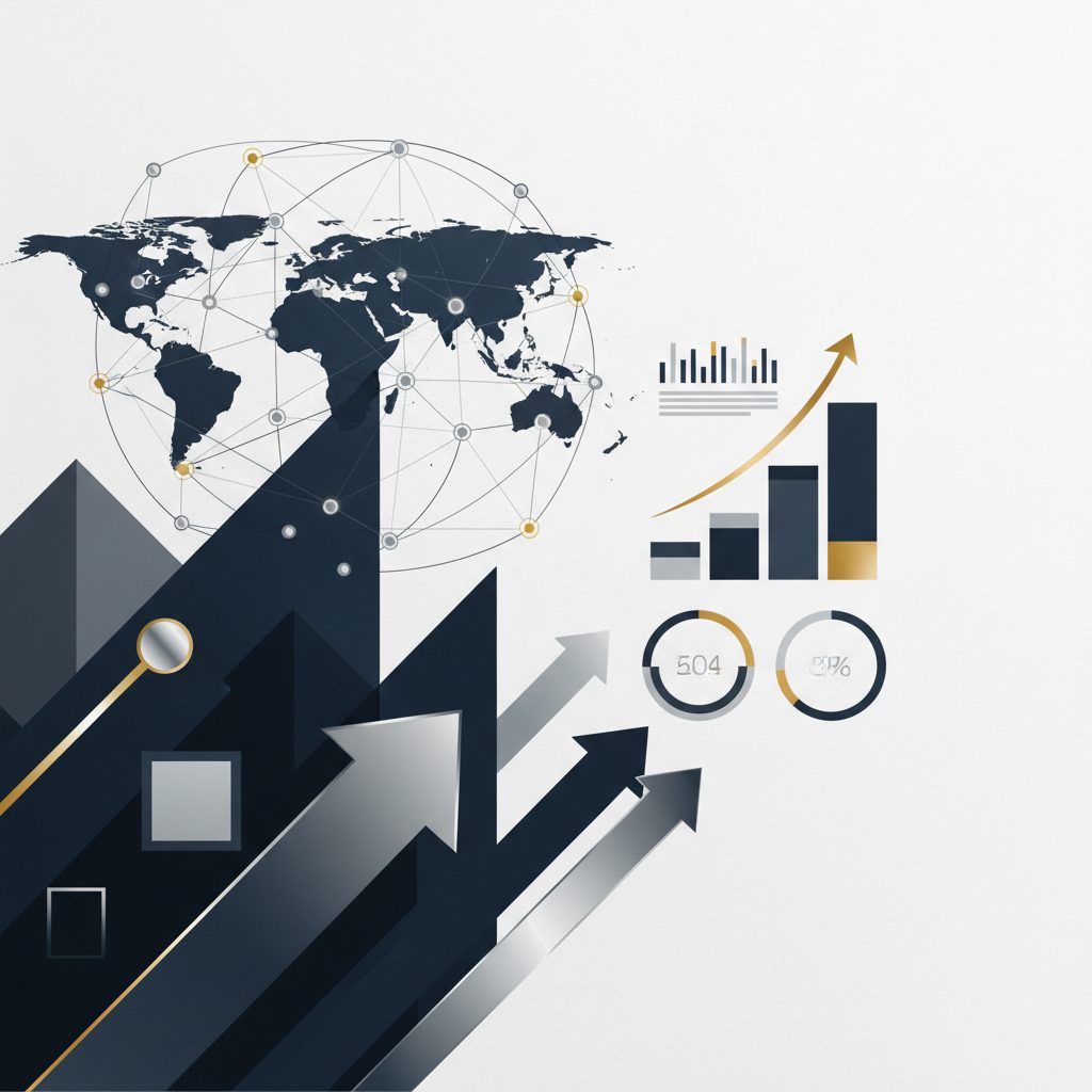 An abstract, vector-based infographic header. It features interconnected network nodes symbolizing global leadership, layered hierarchical frameworks with directional arrows for career advancement, and minimalist data charts representing strategic insights. The design uses geometric shapes with a premium color palette of deep navy, charcoal, white, and metallic silver and gold highlights, conveying a professional and forward-thinking tone.