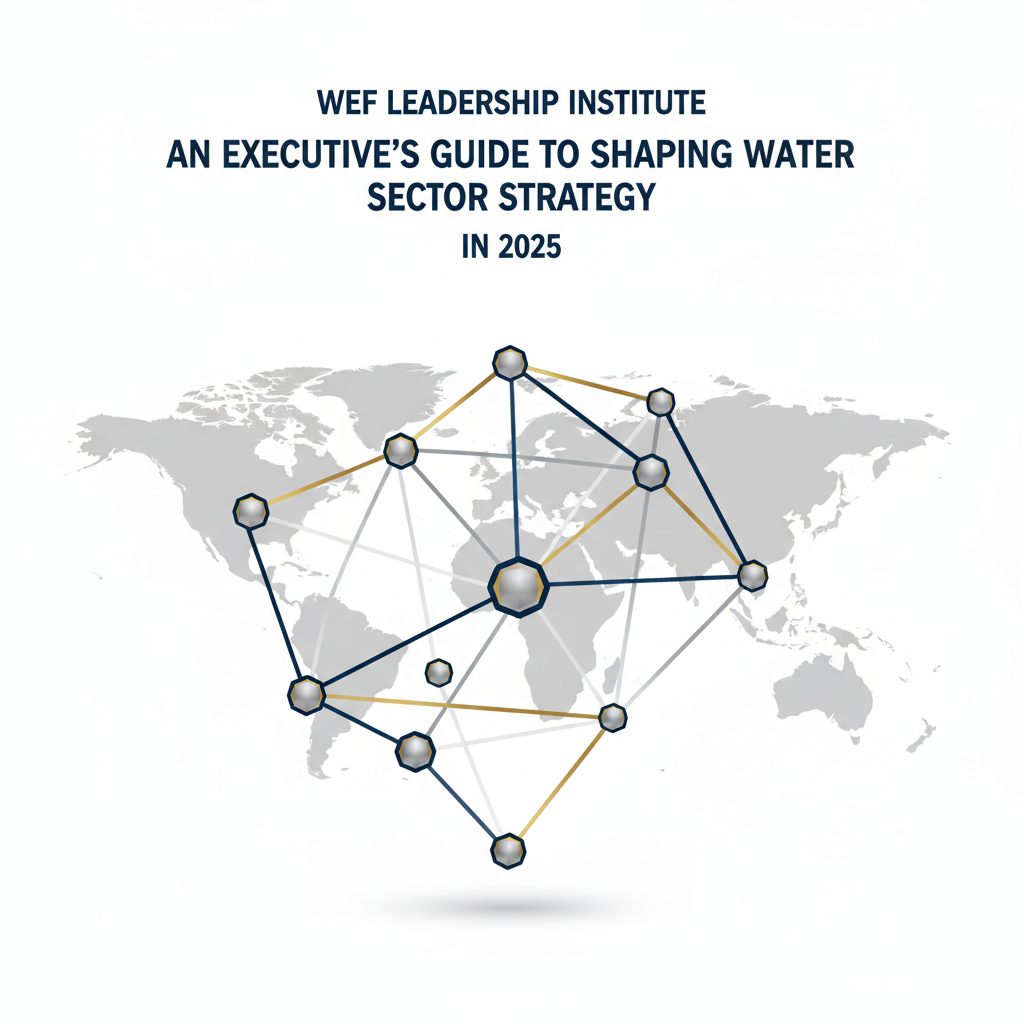 An infographic header image featuring an abstract, interconnected global network of geometric nodes and strategic pathways. The design uses a minimalist vector style with deep navy, charcoal, white, and metallic silver and gold accents, conveying sophisticated leadership and forward-thinking strategy for the water sector.