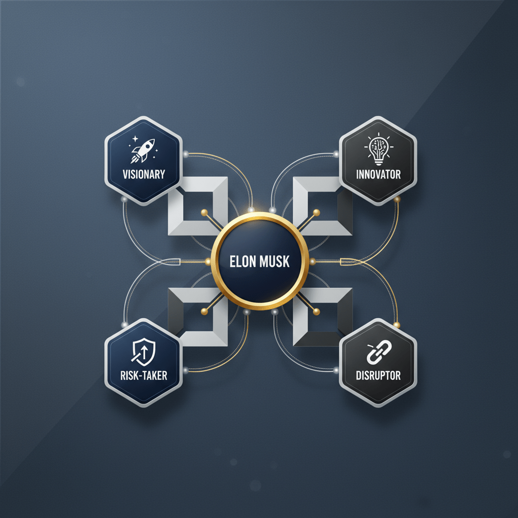 An infographic showing a central node labeled 'Elon Musk: Business Leader' with interconnected nodes representing defining characteristics such as visionary, innovator, and disruptor, against a dark background with metallic accents.