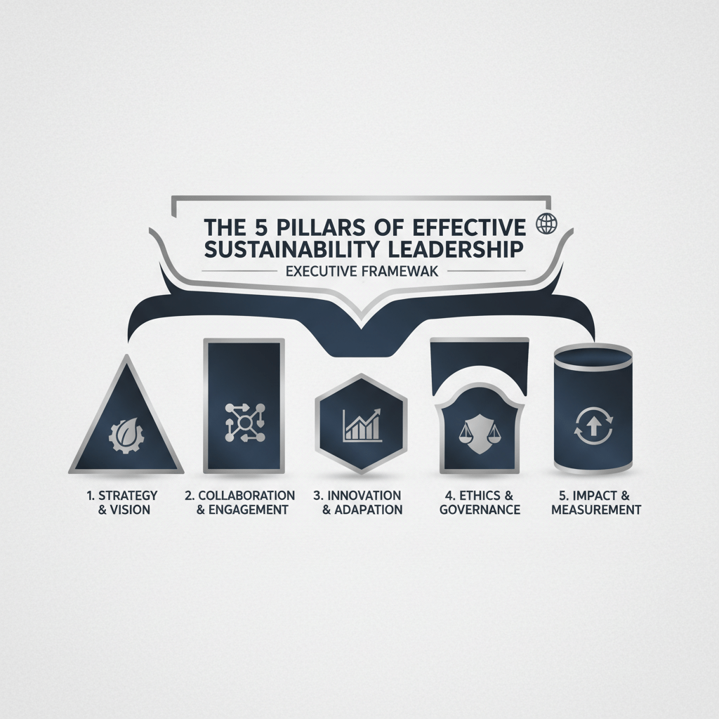 An infographic showing five geometric pillars, each representing a core aspect of sustainability leadership, supporting a central abstract element.