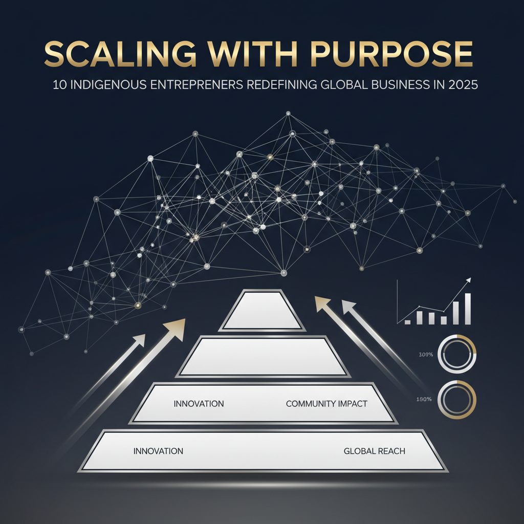 An infographic-style header image representing global business scaling and purpose-driven leadership. It features abstract network diagrams with interconnected nodes symbolizing global business relationships, layered geometric frameworks depicting business influence and strategic growth, and minimalist charts with directional arrows suggesting progress. The design is modern, premium, and vector-based, using deep navy, charcoal, white, and metallic silver and gold accents, with ample negative space for a clean, executive feel.