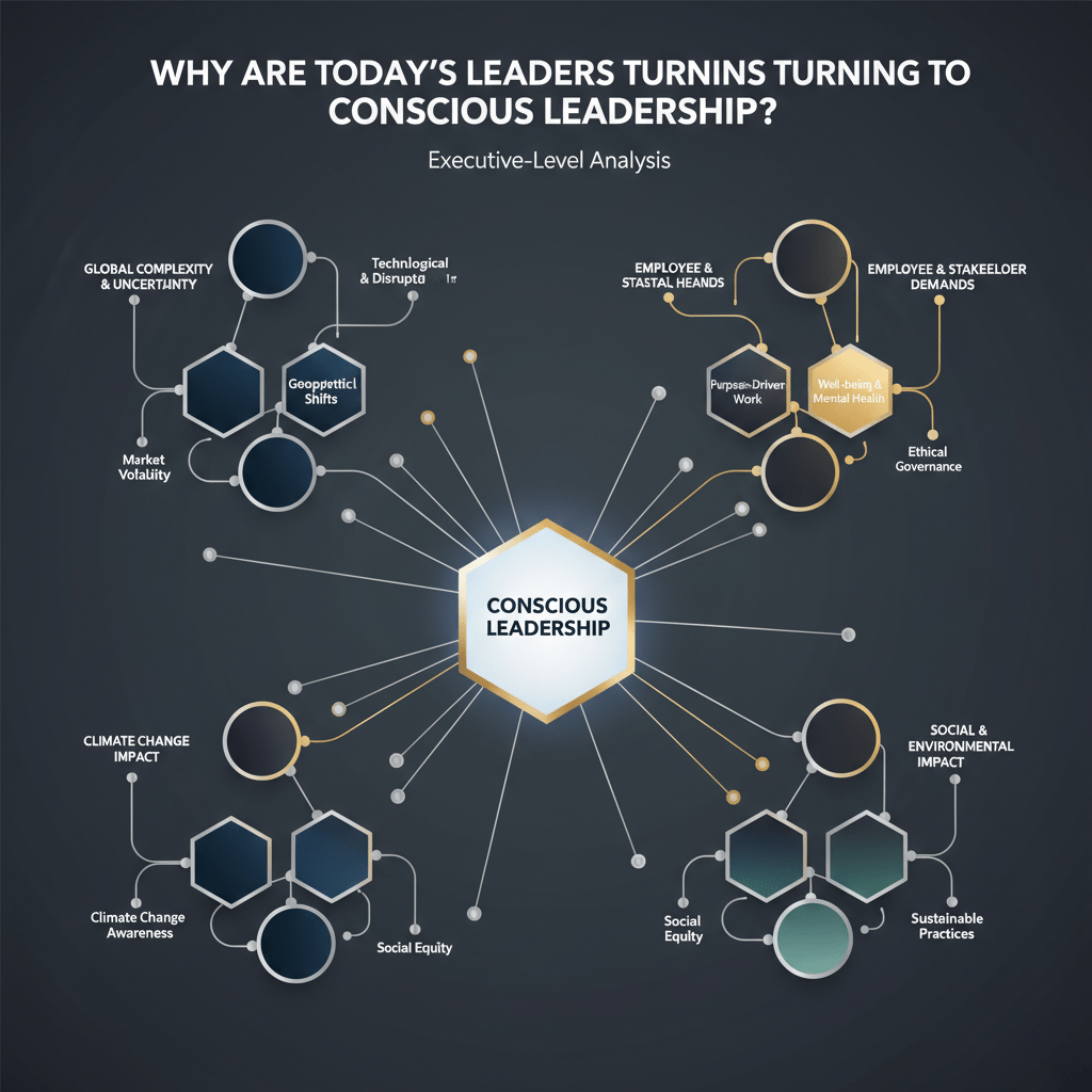 An infographic using interconnected nodes and network lines to visualize the reasons and trends driving leaders towards Conscious Leadership.