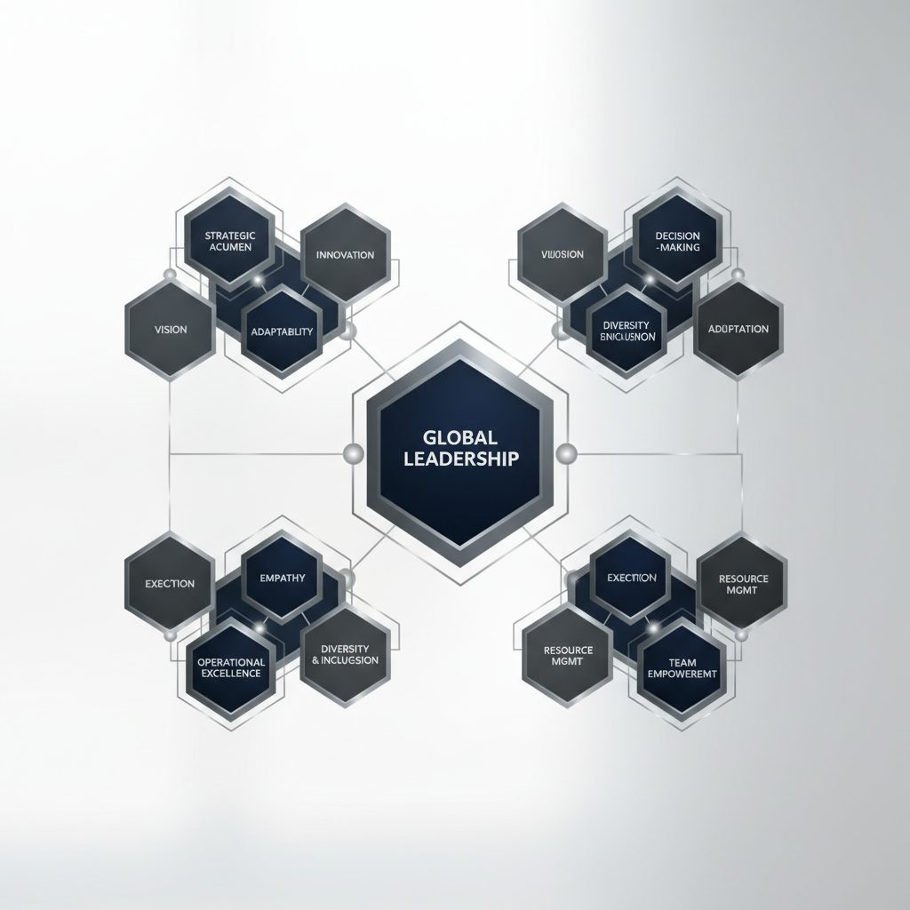 Infographic displaying a layered framework with interconnected nodes, each representing a core attribute of effective global leadership, rendered in deep navy, charcoal, and metallic silver.
