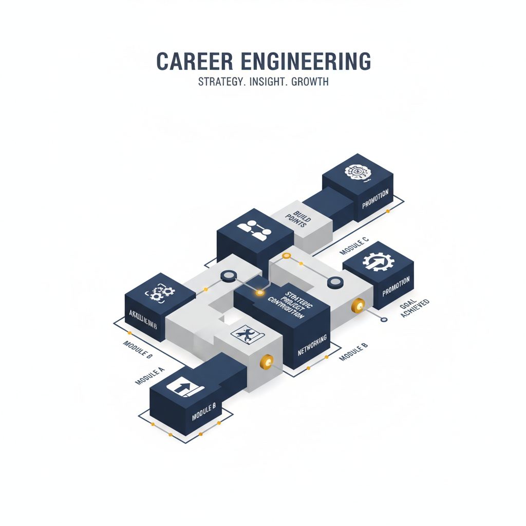Infographic showing interlocking geometric components and a clear, progressive flow, symbolizing the strategic engineering of career growth opportunities through planned actions and integrated steps.