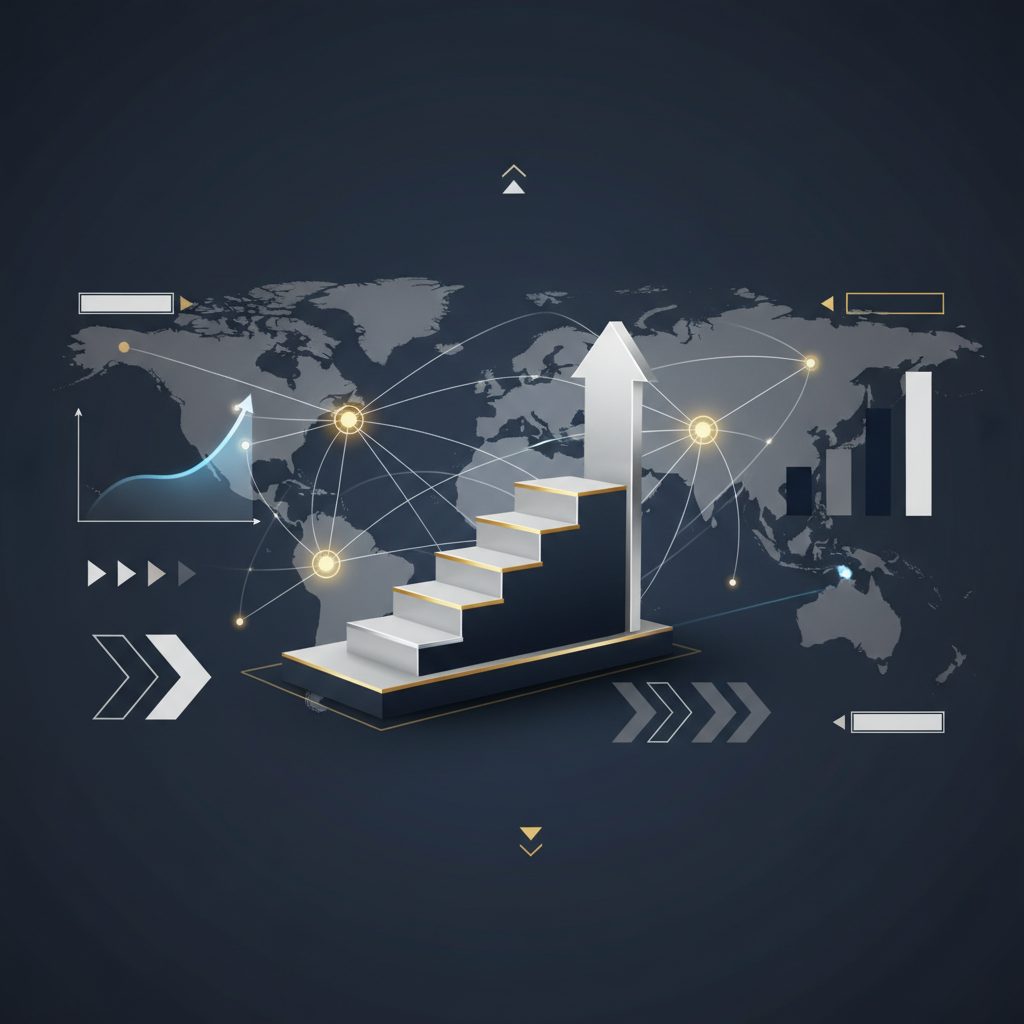 A premium infographic header featuring an abstract global network, layered frameworks for business influence, and subtle data visualizations, all rendered with geometric shapes, metallic accents, and a deep navy, charcoal, and white color palette.