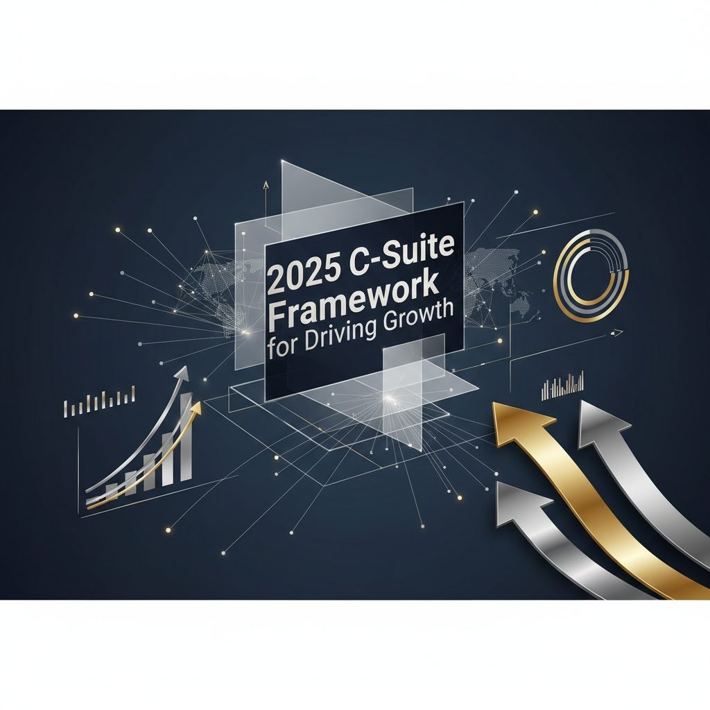A premium, vector-based infographic header for a business article on 'Enterprise Leadership for Transformation.' The image displays an abstract, layered framework in deep navy, charcoal, and white, accented with metallic silver and gold. This central structure, representing a 'C-Suite Framework,' is interconnected with global network nodes, symbolizing leadership and strategic transformation. Integrated data visualizations like upward-trending lines and directional arrows convey growth, insights, and forward-thinking strategy in a modern, minimalist style, without any human figures.