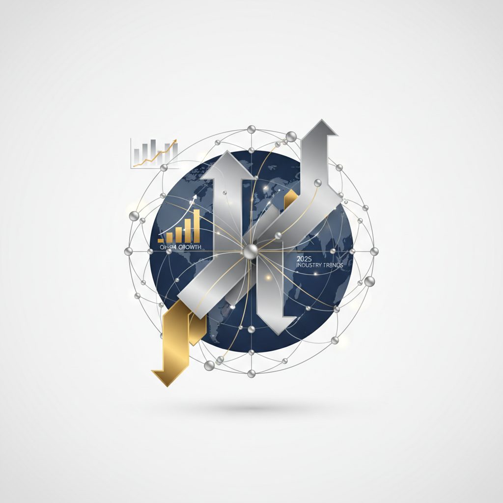 A professional infographic header image with a premium aesthetic. It depicts abstract global network connections with glowing nodes, layered business frameworks, and upward-trending data charts. The color scheme is deep navy, charcoal, metallic silver, and gold on a white background, symbolizing global influence, strategic growth, and forward-thinking business in 2025.