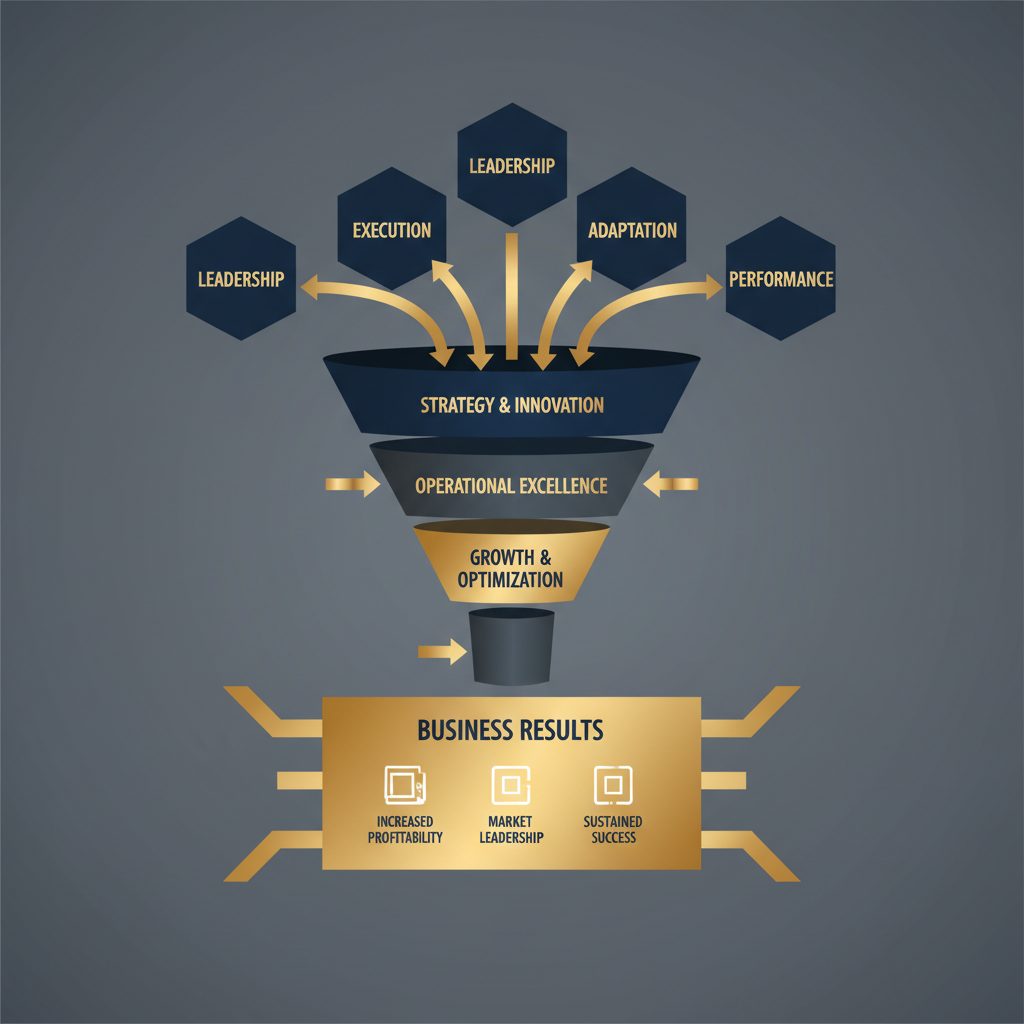 A sleek infographic using a funnel or progressive flow to illustrate how the LEAP framework drives business results, with geometric shapes and metallic gold accents.