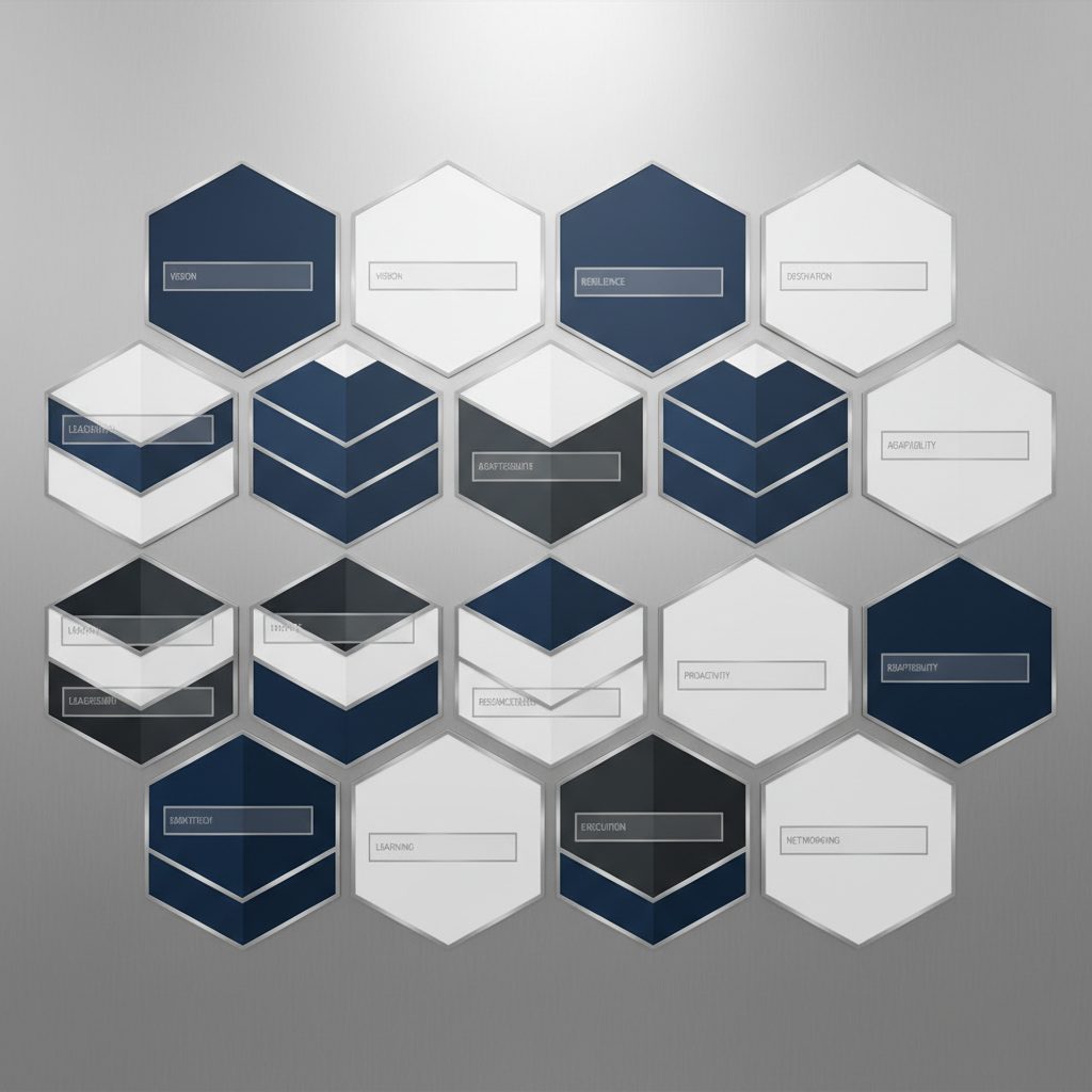 A structured, geometric infographic displaying 12 distinct isometric shapes arranged in a grid, each shape representing a characteristic of successful entrepreneurs with subtle metallic accents.