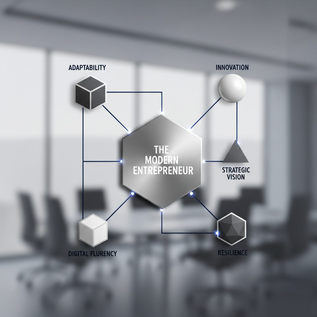 An abstract node map infographic showing a central metallic geometric shape representing a modern entrepreneur, connected by lines to several smaller geometric nodes, each symbolizing a key trait like adaptability or innovation.