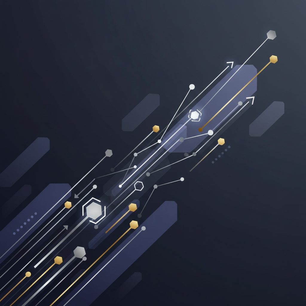 An abstract, stylized growth chart with interconnected nodes and upward-trending lines, representing the enduring legacy of leadership into the future, in deep navy, charcoal, white, and metallic silver/gold.